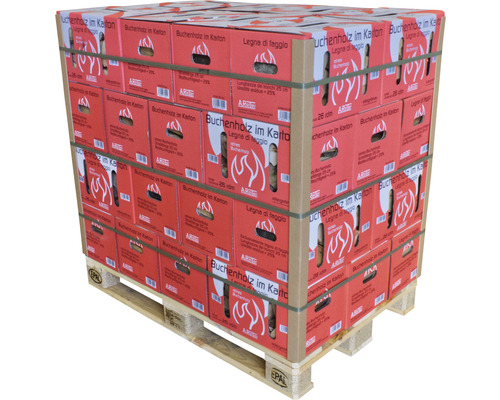 Palette mit gestapeltem Buchenholz in Kartons