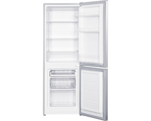 Geöffneter Kühlschrank mit Gefrierfach und mehreren Ablagen