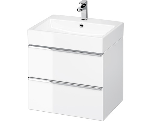 Waschbeckenunterschrank Cersanit Virgo 50,1x59,4x42,7 cm weiß ohne Waschbecken Weißer Waschtisch mit zwei Schubladen und einem Waschbecken mit Wasserhahn.