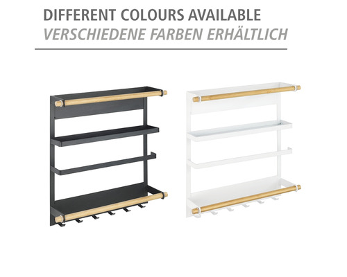 Küchenregal mit drei Ablagen und Hakenleiste in verschiedenen Farben