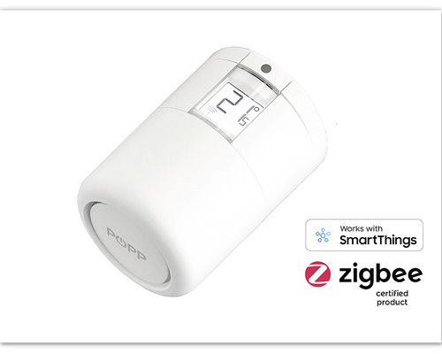 Popp Heizkörperthermostat mit SmartThings Logo und Zigbee zertifiziertes Produkt