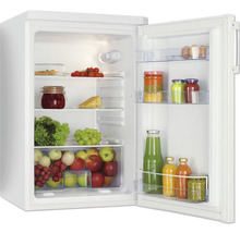 Geöffneter Kühlschrank gefüllt mit Lebensmitteln wie Obst, Gemüse, Käse und Getränken
