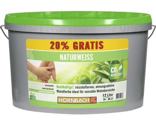 HORNBACH Naturweiss konservierungsmittelfrei weiß 12 L Eimer mit Naturweiss Wandfarbe, 12 Liter, geeignet für sensible Wohnbereiche
