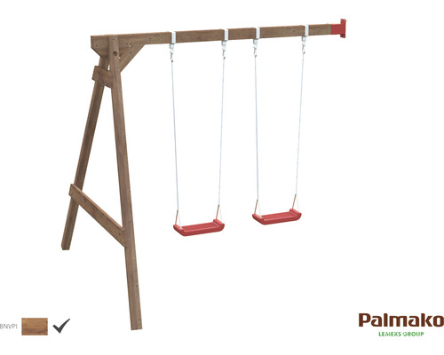 Schaukelanbau Palmako Jesper 240 x 210 cm Holz braun bestehend aus 2 Brettschaukeln Doppelschaukel aus Holz mit roten Sitzen für den Garten