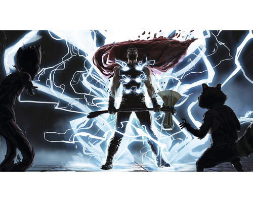 Fototapete Vlies IADX10-075 Into Adventure Thor God of Thunder 10-tlg. 500 x 280 cm Illustration von Thor, Groot und Rocket von Marvel Comics, umgeben von Blitzen.