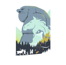 Illustration einer Gruppe von Figuren vor einer Waldkulisse mit Felsenwesen