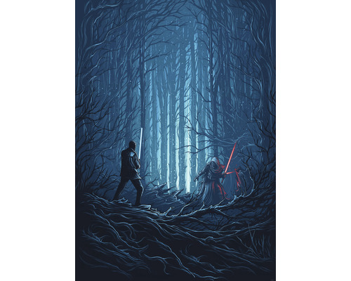 Fototapete Vlies IADX4-003 Into Adventure Star Wars Wood Fight 4-tlg. 200 x 280 cm Zwei Figuren mit Lichtschwertern in einem verschneiten Wald