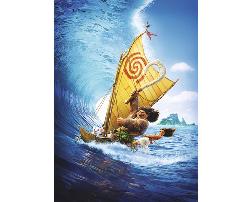 Fototapete Vlies IADX4-010 Into Adventure Moana Ride the Wave 4-tlg. 200 x 280 cm Szene aus dem Film Vaiana mit Vaiana, Maui und einem Schwein auf einem Segelboot, das auf einer Welle reitet.