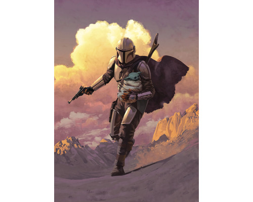Fototapete Vlies IADX4-020 Into Adventure Mandalorian Escape 4-tlg. 200 x 280 cm Illustration von Mandalorianer mit Kind vor Bergkulisse