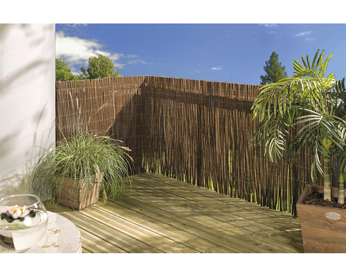 Terrasse mit Sichtschutz aus Rohr, Holzboden und Topfpflanzen.