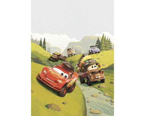 Fototapete Vlies IADX4-034 Into Adventure Disney Cars Camping 4-tlg. 200 x 280 cm Illustration von Lightning McQueen und Mater mit anderen Charakteren aus dem Film Cars in einer Berglandschaft.