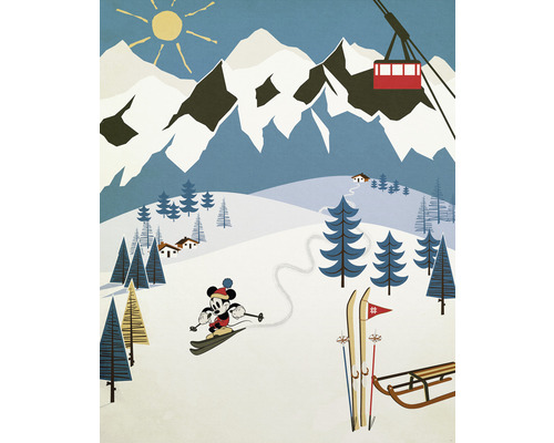 Fototapete Vlies IADX4-039 Into Adventure Disney Mickey Alpine 4-tlg. 200 x 250 cm Illustration einer Winterlandschaft mit Bergen, Seilbahn und Skifahrer