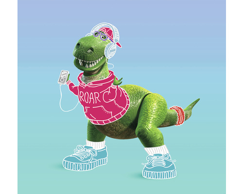 Fototapete Vlies IADX6-030 Into Adventure Toy Story Roar 6-tlg. 300 x 280 cm Illustration eines grünen Dinosauriers mit Kopfhörern, Mütze, Turnschuhen und einem Sweatshirt mit der Aufschrift ROAR, der Musik hört.