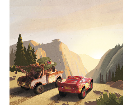Fototapete Vlies IADX6-032 Into Adventure Disney Cars Sundown 6-tlg. 300 x 280 cm Zeichentrickbild von Lightning McQueen und Hook vor einer Bergkulisse