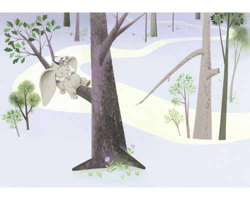 Fototapete Vlies IADX8-044 Into Adventure Dumbo Sleep on Tree 8-tlg. 400 x 280 cm Illustration einer Waldszene mit einem Elefanten und einer Figur auf einem Baum