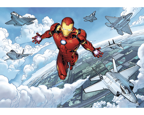 Fototapete Vlies IADX8-062 Into Adventure Iron Man Flight 8-tlg. 400 x 280 cm Iron Man Comic mit Iron Man und mehreren Jets vor Wolken