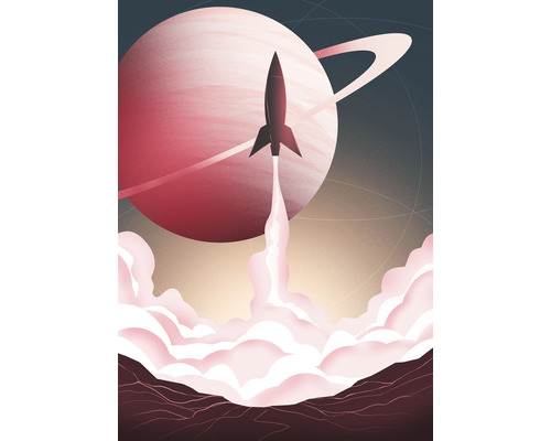 Fototapete Vlies IAX4-0018 Into Adventure Explore the Universe 4-tlg. 200 x 280 cm Illustration einer Rakete, die vor einem Planeten mit Ringen startet