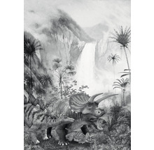Schwarzweißes Landschaftsbild mit Dinosauriern, Wasserfall und Palmen