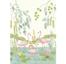 Illustration einer Szene mit Flamingos, Seerosen und Pflanzen im Wasser.
