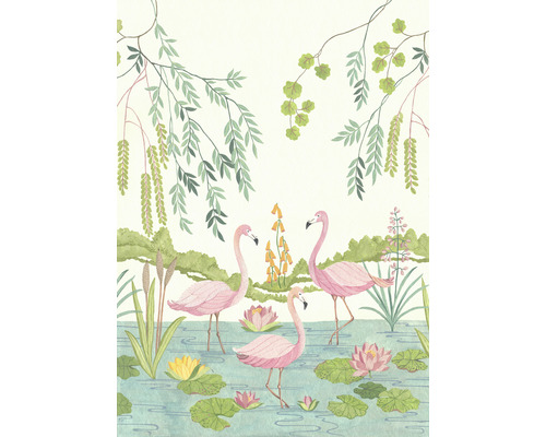 Fototapete Vlies IAX4-0044 Into Adventure Flamingo Vibes 4-tlg. 200 x 280 cm Illustration einer Szene mit Flamingos, Seerosen und Pflanzen im Wasser.