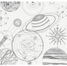 Illustration mit Planeten, Sternen, Kompass und Sonnensystemdarstellungen