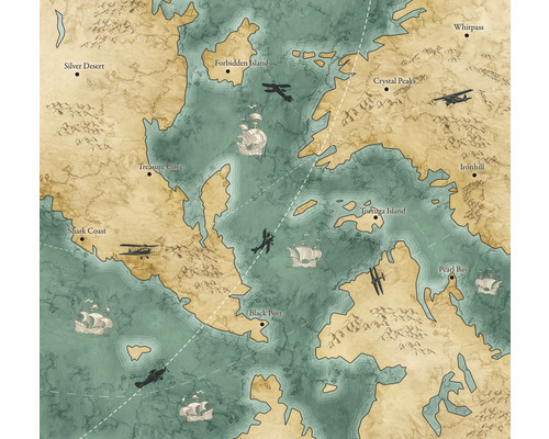Fototapete Vlies IAX6-0029 Into Adventure Old Travel Map 6-tlg. 300 x 280 cm Illustrierte Karte mit Inseln, Küsten, Schiffen und Flugzeugen