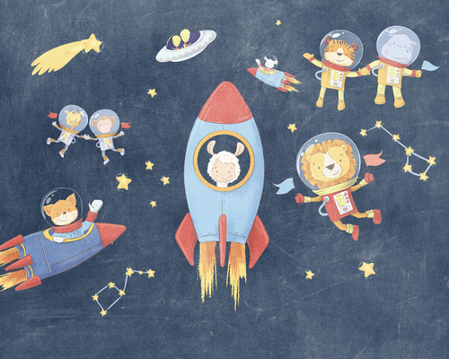 Fototapete Vlies IAX7-0036 Into Adventure Friends in Space 7-tlg. 350 x 280 cm Illustration mit Tieren in Astronautenkostümen, Raketen und Sternen auf dunklem Hintergrund