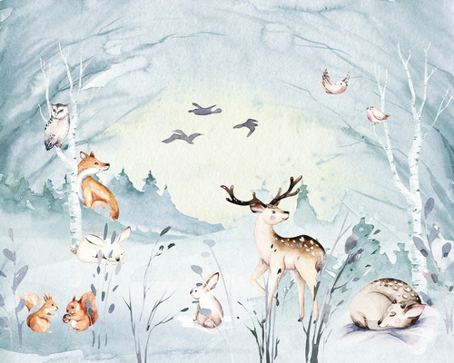 Fototapete Vlies IAX7-0038 Into Adventure Animal Sleepover 7-tlg. 350 x 280 cm Illustration eines Winterwaldes mit Tieren wie Hirschen, Füchsen, Hasen, Eichhörnchen, Eulen und Vögeln