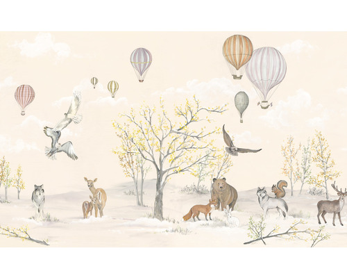 Fototapete Vlies IAX9-0046 Into Adventure Forest Expedition 9-tlg. 450 x 280 cm Tapete mit Waldtieren und Heißluftballons