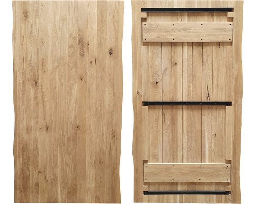 Tischplatte Eiche Naturkante unbehandelt 2000 x 1000 x 40 mm Tischplatte aus Holz mit Metallverstärkungen auf der Unterseite