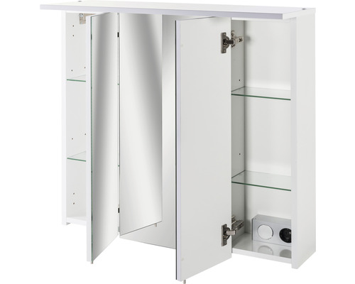 Weißer Spiegelschrank mit drei Türen und Glasablagen