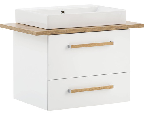 Badmöbel-Set Möbelpartner Duo 822 61,5x82,2x50 cm mit Keramikwaschbecken Waschtischplatte Eiche kreideweiß