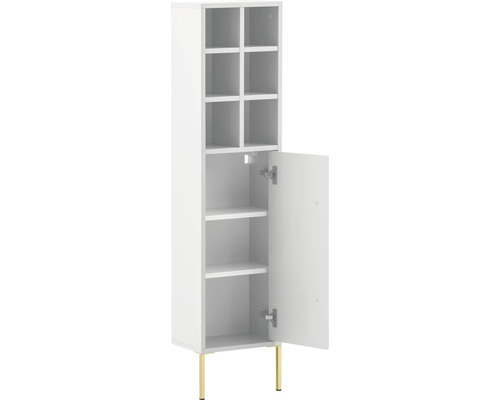 Weißer Hochschrank mit Fächern, Regalen und goldenen Beinen