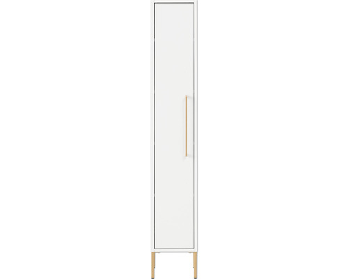 Weißer Badschrank mit einer Tür und Füßen.