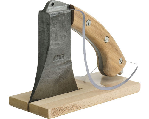 Mini-Spaltaxt für Anzündholz Müller TRIFFFIX Classic-S 1950 g mit Hickorygriff Müller Beil auf Holzblock