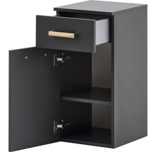 Badezimmerschrank mit einer Schublade und einer offenen Tür zu den Regalen