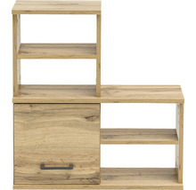 Holzregal mit Tür und mehreren offenen Fächern