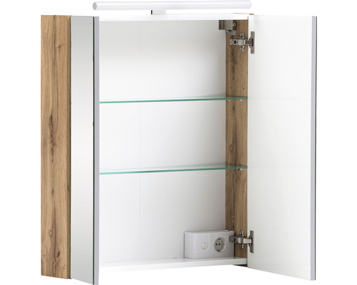 Offener Spiegelschrank mit Glasböden, Beleuchtung und Steckdose