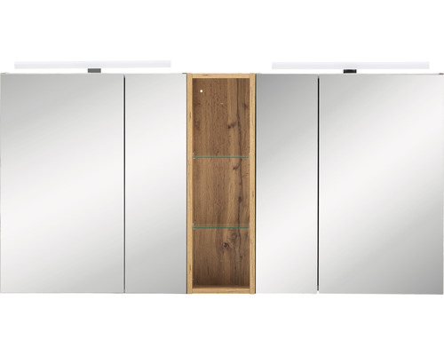 Spiegelschrank mit offenem Holzregal und Beleuchtung