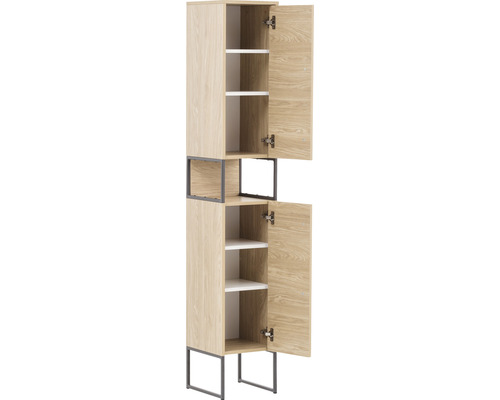 Offener Hochschrank mit Einlegeböden und Metallgestell