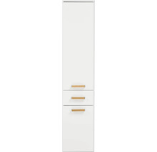 Weißer Hochschrank mit zwei Schubladen und Holzgriffen