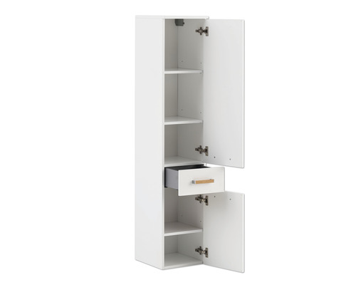 Offener weißer Badezimmer-Hochschrank mit Einlegeböden und Schublade