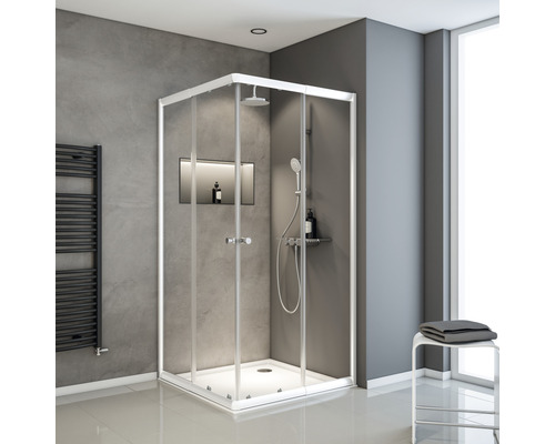 Eckeinstieg mit Schiebetür Schulte Sunny 750-900x1800 mm Echtglas Klar hell weiß Duschkabine mit Glaswänden und Duschkopf im modernen Badezimmer