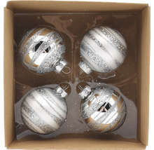Vier dekorative Weihnachtskugeln mit Streifenmuster in einer Box