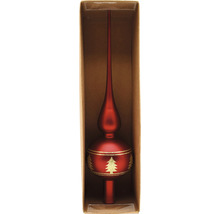 Roter Christbaumspitz mit goldenen Tannenbaumornamenten in einer Verpackung.