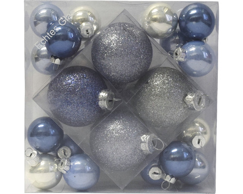 Christbaumkugeln Glas Mini 20-teilig blau/silber Glitzer