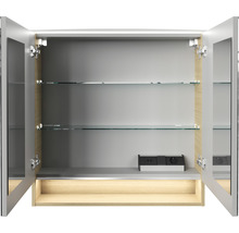 Offener Spiegelschrank mit Glasablagen und Steckdosenleiste