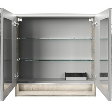 Geöffneter Spiegelschrank mit Glasböden und Steckdose