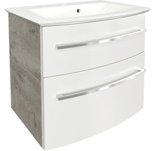 Waschbeckenunterschrank mit zwei Schubladen und Holzdekor an der Seite