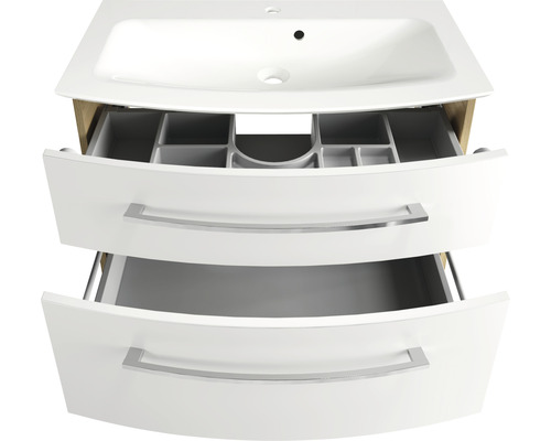 Waschtischunterschrank mit zwei offenen Schubladen und Waschbecken